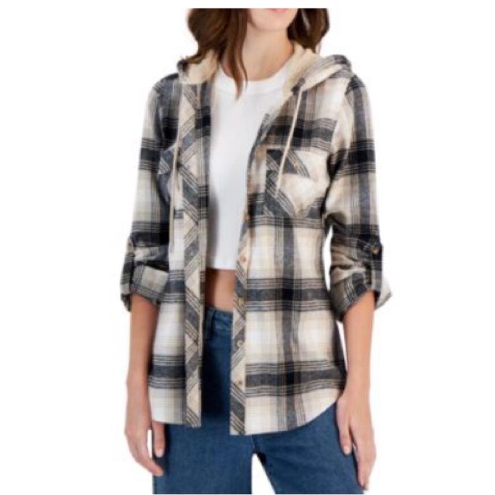 Juniors' Plaid Sherpa Hooded Button-Up Shacket Sz: M